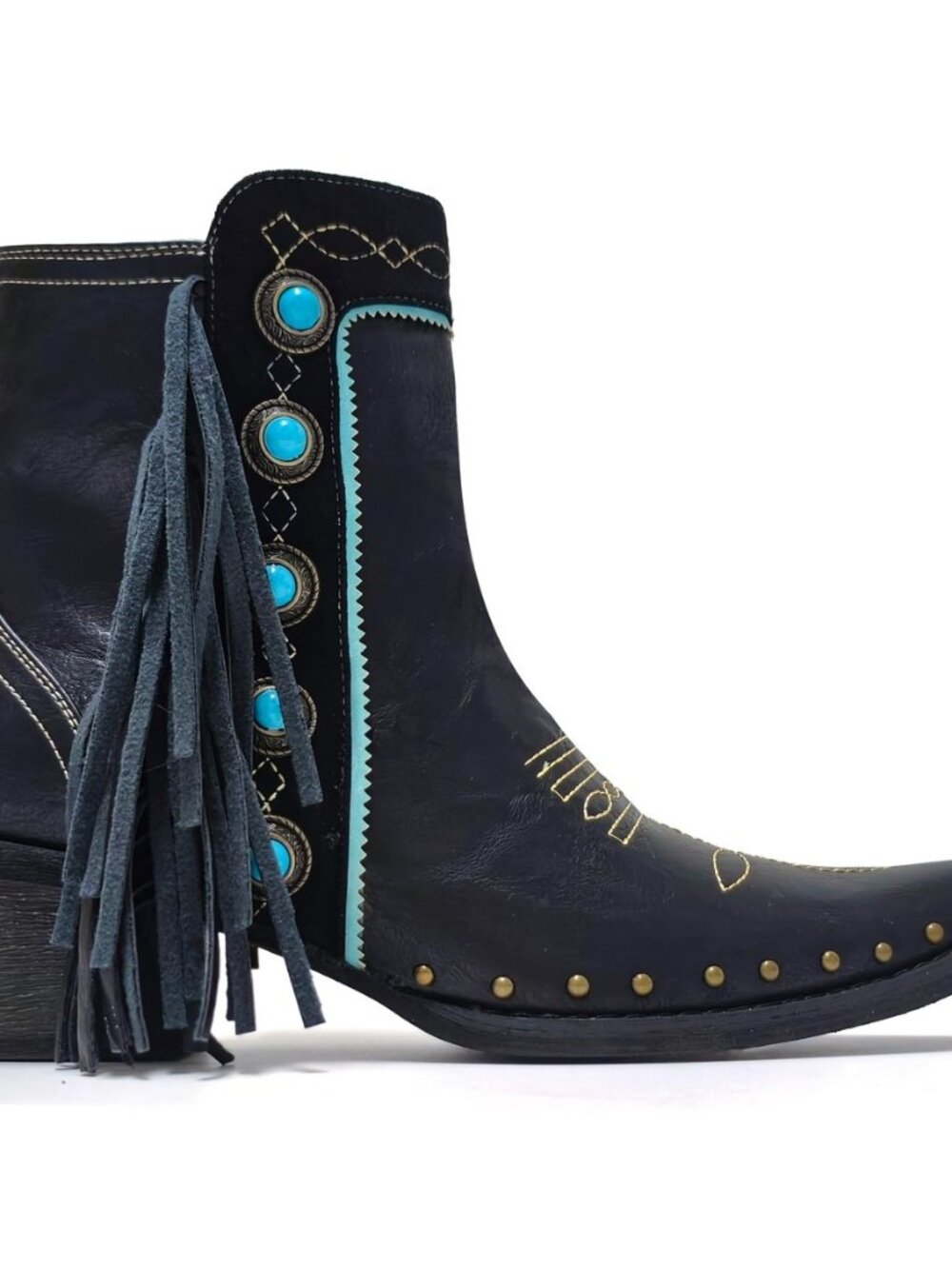 Fringe Booties Studded Women Cowboy Ankle Boots with Turquoise Stones